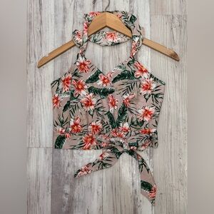 Express Pink Floral Halter Tank Top Wrap Around Bow In Front Women’s Size XS